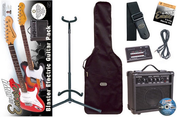 ENCORE E6 ST STYLE BLASTER PACKAGE RED GUITAR AMP STAND GIG BAG TUNER STRAP CABLE KBB
